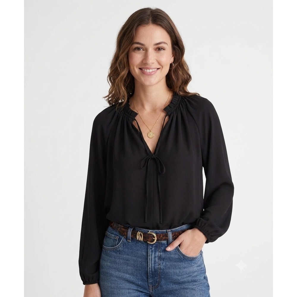 Madewell Top Womens Medium Long Sleeve Tie Neck Jet Black Ruffle Blouse NY328